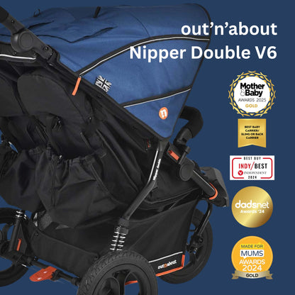 Out’n’About Nipper Double V6 Pushchair | Lightweight All-Terrain Twin Buggy with Raincover, 12” Air-Filled Wheels & Compact Fold | Side-by-Side Double Stroller for Newborn to Toddler - Highland Blue
