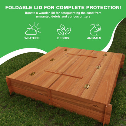 Big Game Hunters Sand Pit | 96 x 96 Square Wooden Sandpit with Lid | Outdoor Sandpit with Fold Out Lid that Becomes Seats for Children | Wooden Kids Toys