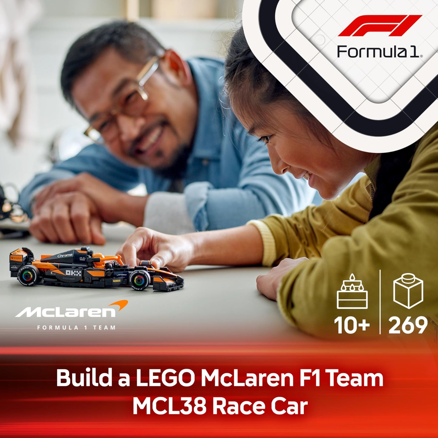 LEGO Speed Champions McLaren F1 Team MCL38 race car model kit with a collectible Formula 1 driver minifigure.