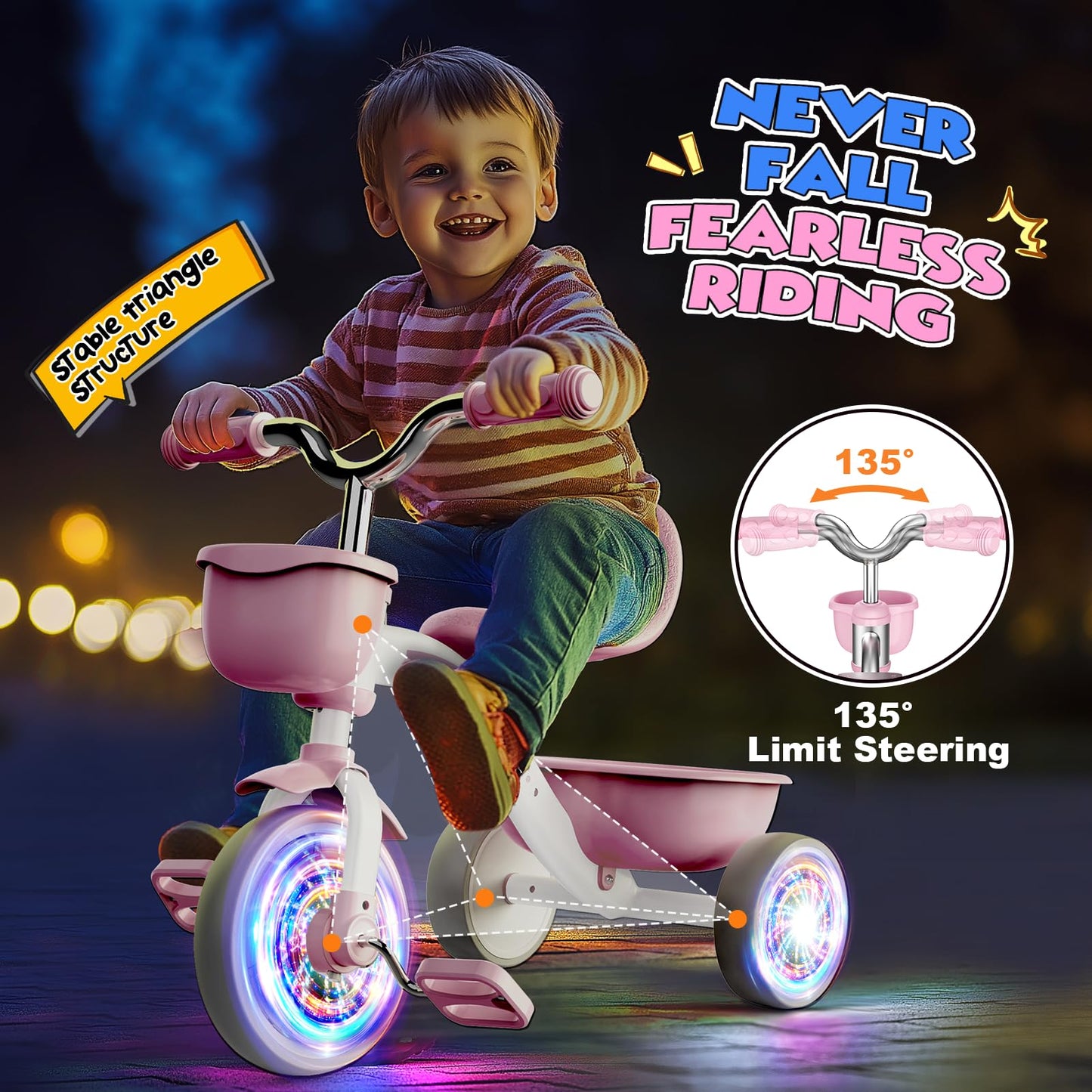 HappyGoLucky Pink Tricycles Toys for 2-5 Year Old Girls Gifts, Balance Bike 2 3 4+ 5 Year Old with 3 Colorful Lighting Wheels & Adjustable Seat, Baby Toddler Kids Cycle Trikes Bike Girls Toys Age 2-5