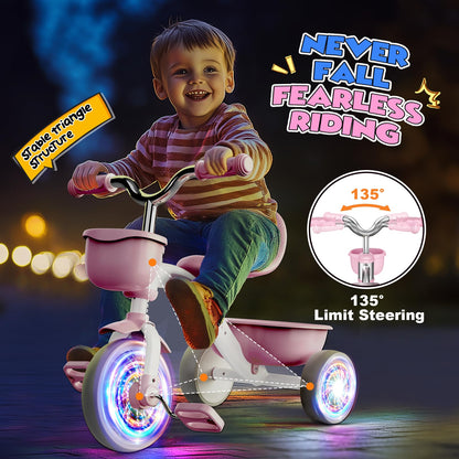 HappyGoLucky Pink Tricycles Toys for 2-5 Year Old Girls Gifts, Balance Bike 2 3 4+ 5 Year Old with 3 Colorful Lighting Wheels & Adjustable Seat, Baby Toddler Kids Cycle Trikes Bike Girls Toys Age 2-5
