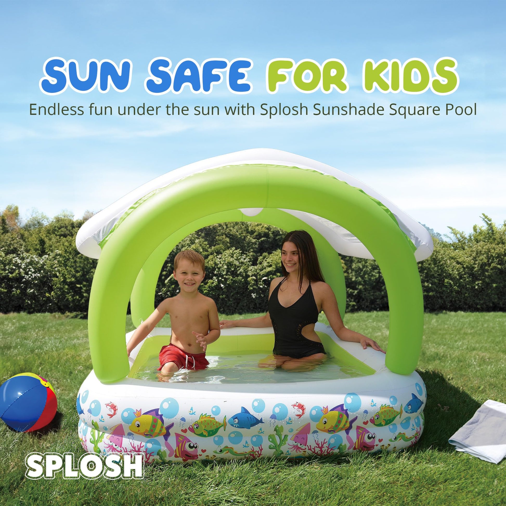 Splosh inflatable paddling pool with sun shade, square design for kids, 1.43m outdoor pool in garden setting.