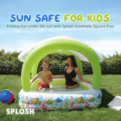 Splosh inflatable paddling pool with sun shade, square design for kids, 1.43m outdoor pool in garden setting.
