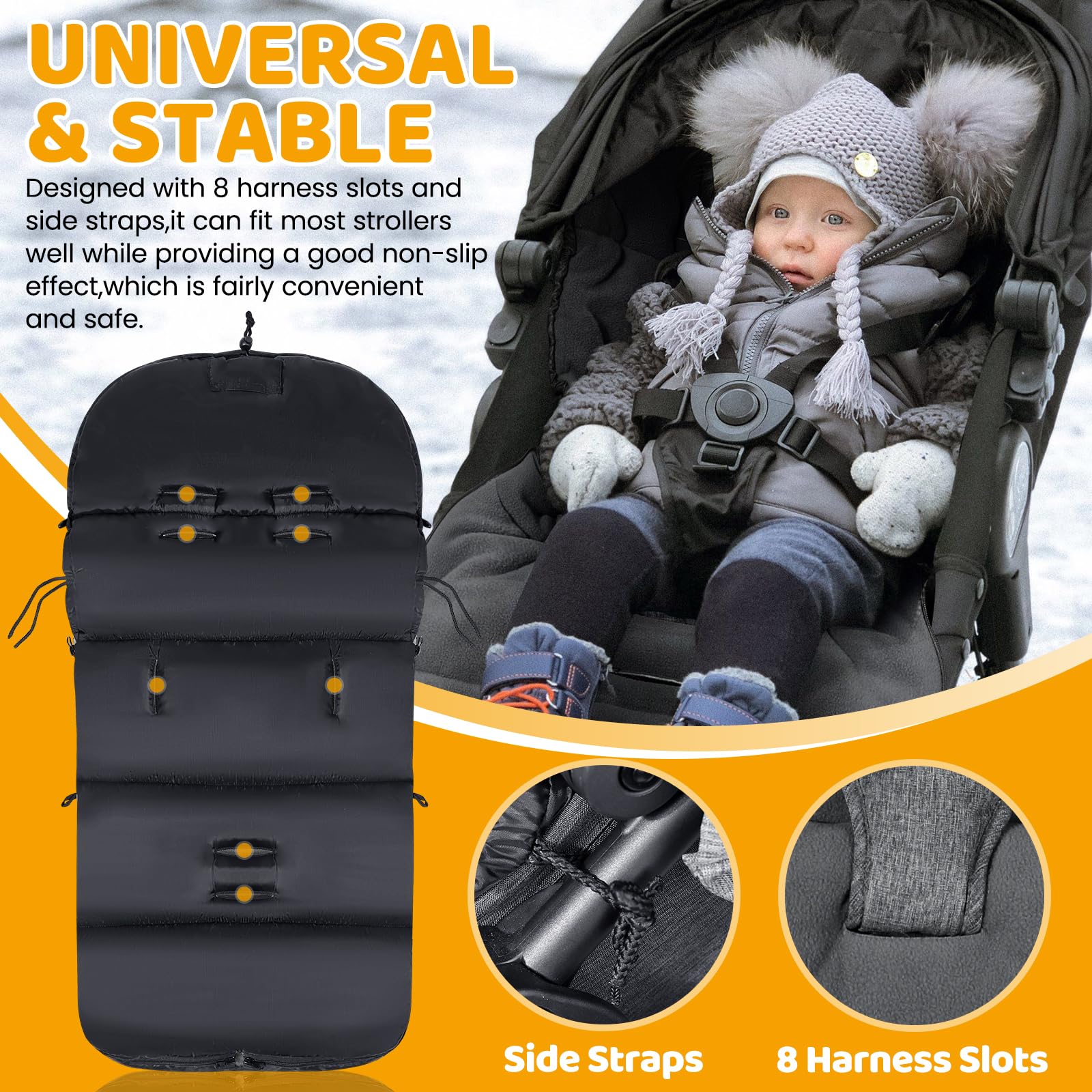 Black and grey IvyWind winter footmuff for pushchair with waterproof fabric, drawstring, zipper, and cozy fleece lining for babies.