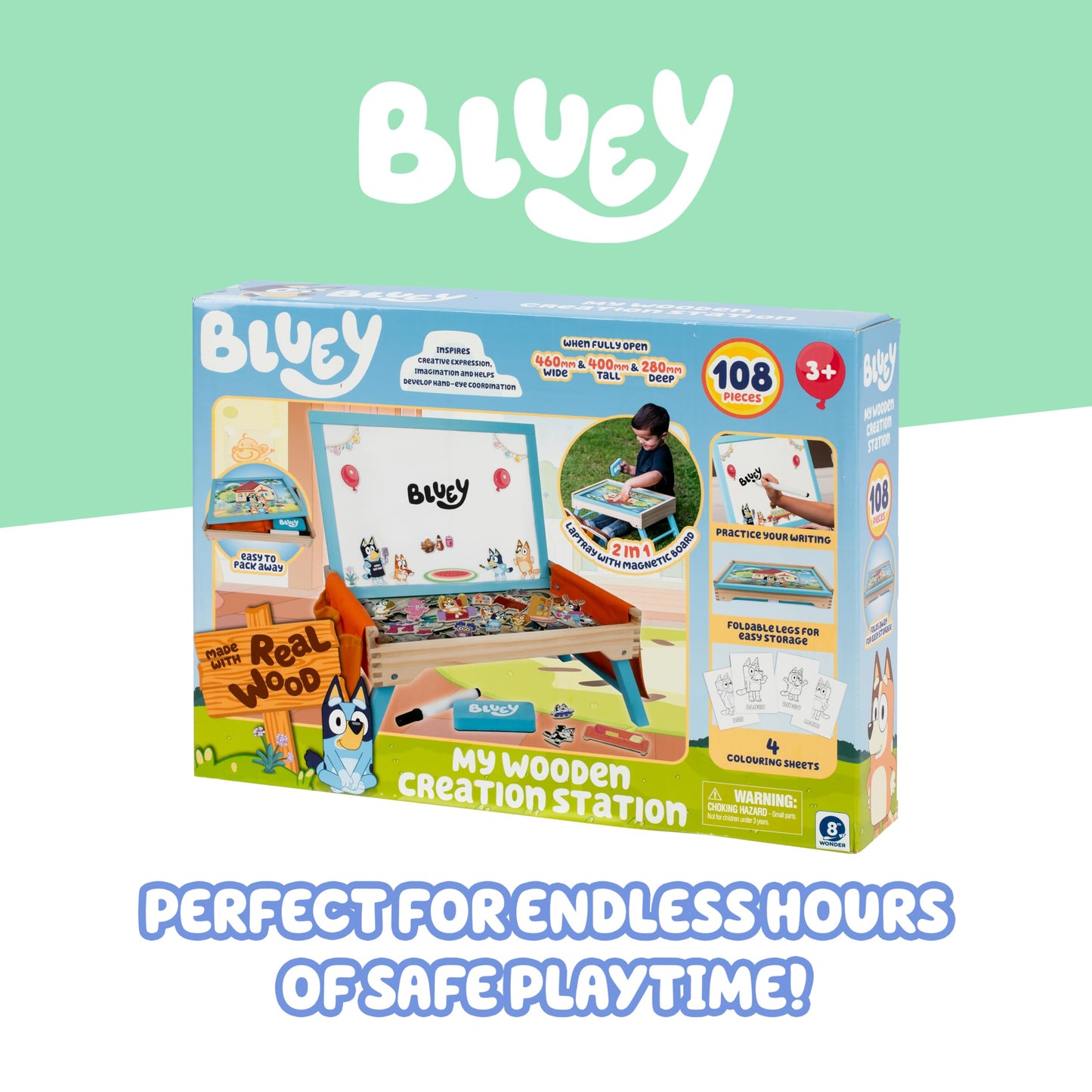 Bluey 102D Creation Station for kids, a blue 2-in-1 magnetic whiteboard and lap tray with compartments for learning and snacks.