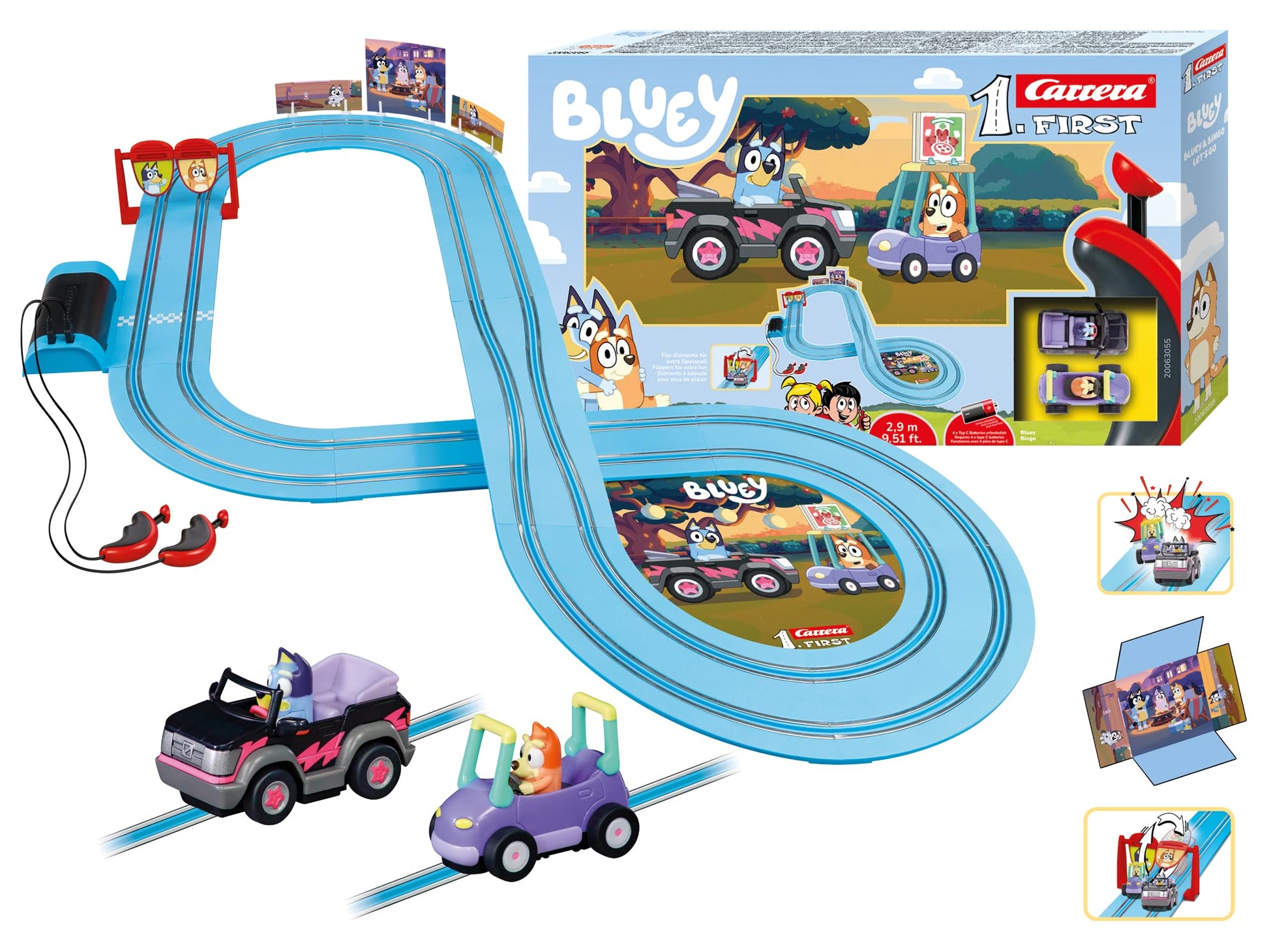 Carrera FIRST Bluey slot racing track featuring Bluey and Bingo, 2.9 meters long, suitable for children and adults.