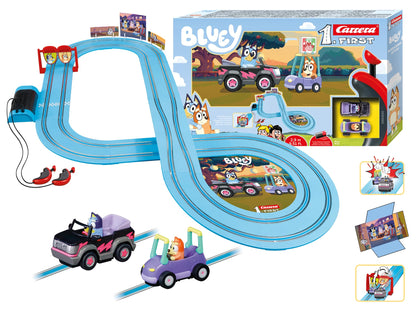 Carrera FIRST Bluey slot racing track featuring Bluey and Bingo, 2.9 meters long, suitable for children and adults.
