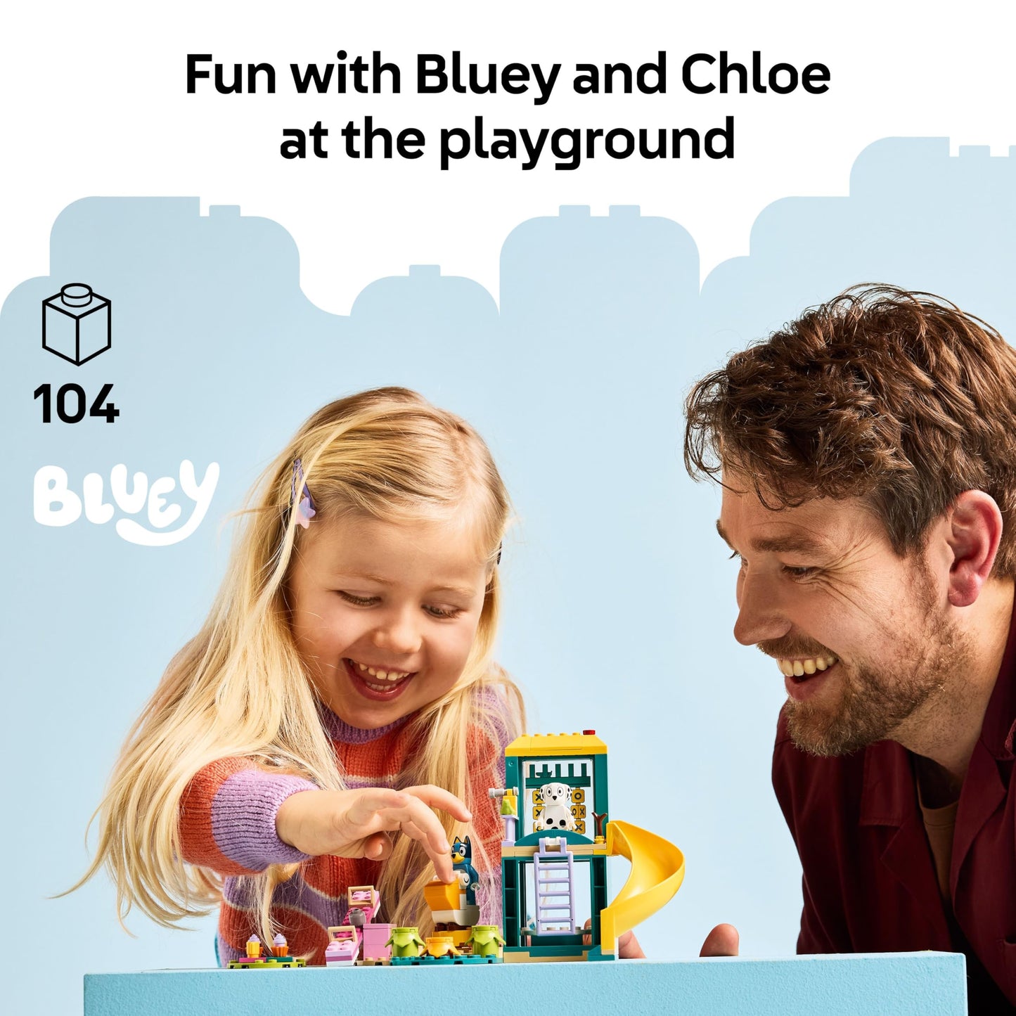 LEGO Bluey Playground Fun set featuring Bluey and Chloe minifigures, pink see-saw, slide, climbing frame, and plants.