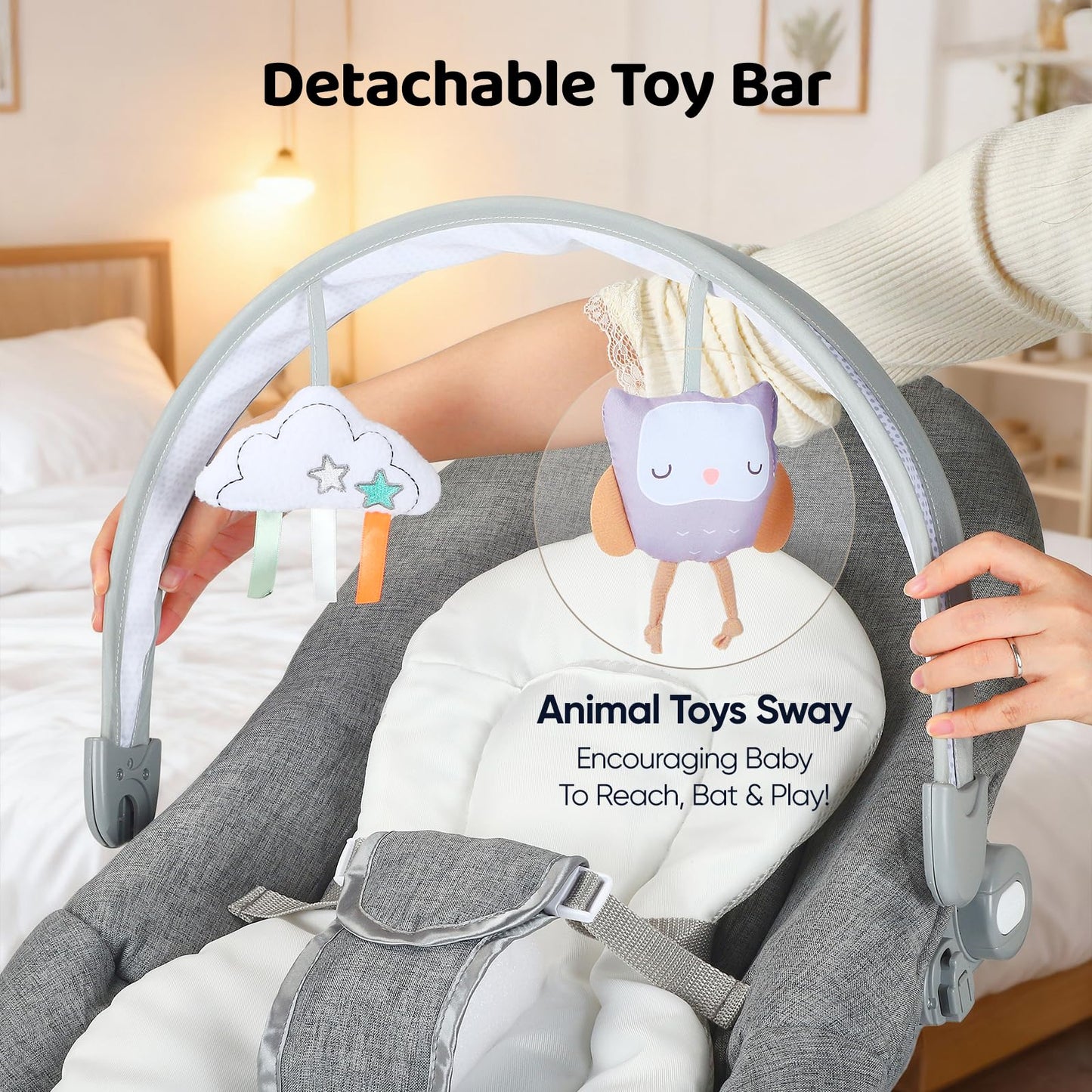 JoyCushy Baby Bouncer, Electric Baby Rocker from Birth Adjustable with Music and Vibration, Suitable for Newborns 0-6 Months Baby Bouncer with 3-Point Harness, Removable Toy Bar with 2 Toys