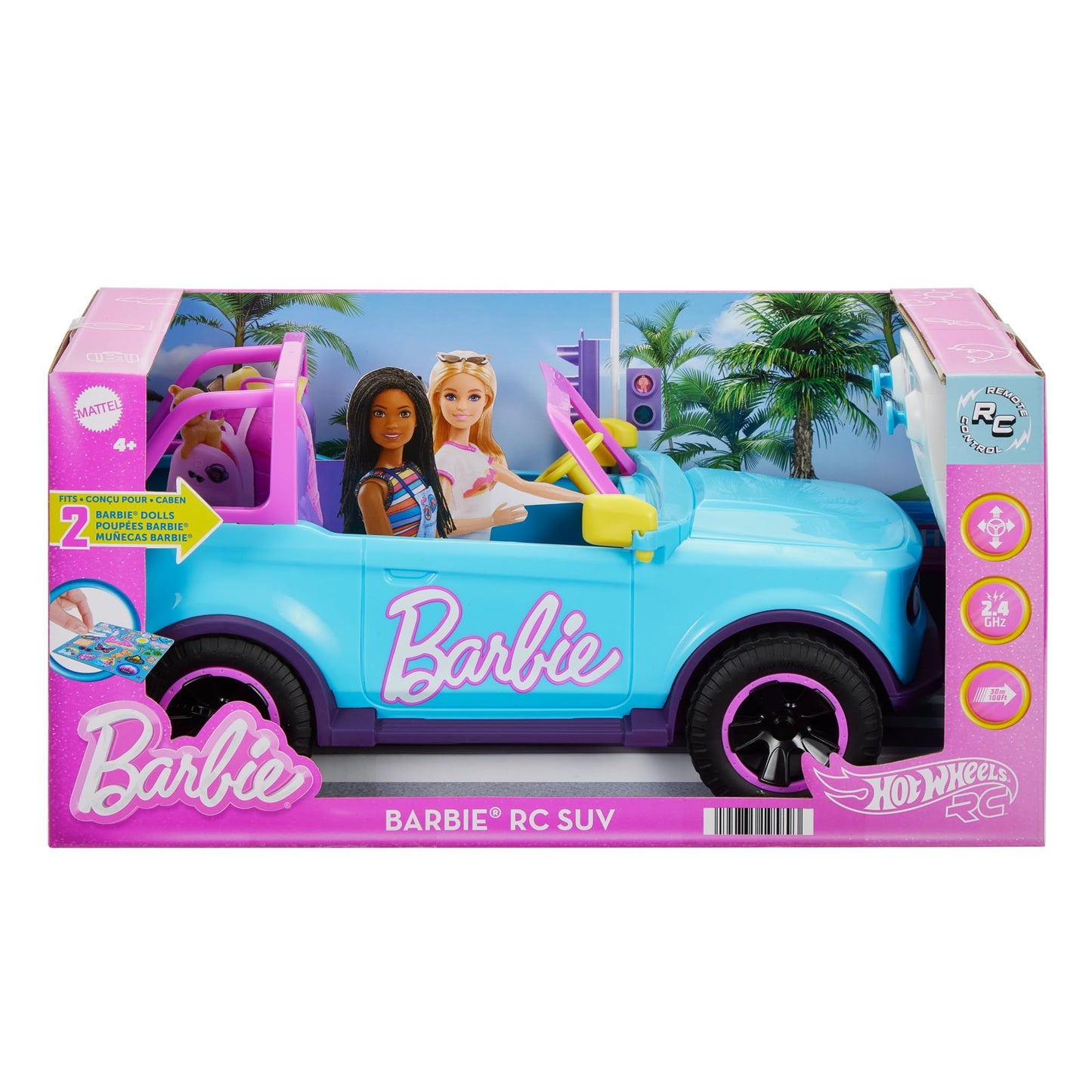 Hot Wheels Barbie remote control SUV with space for two dolls, stickers for customization, and kid-friendly design.