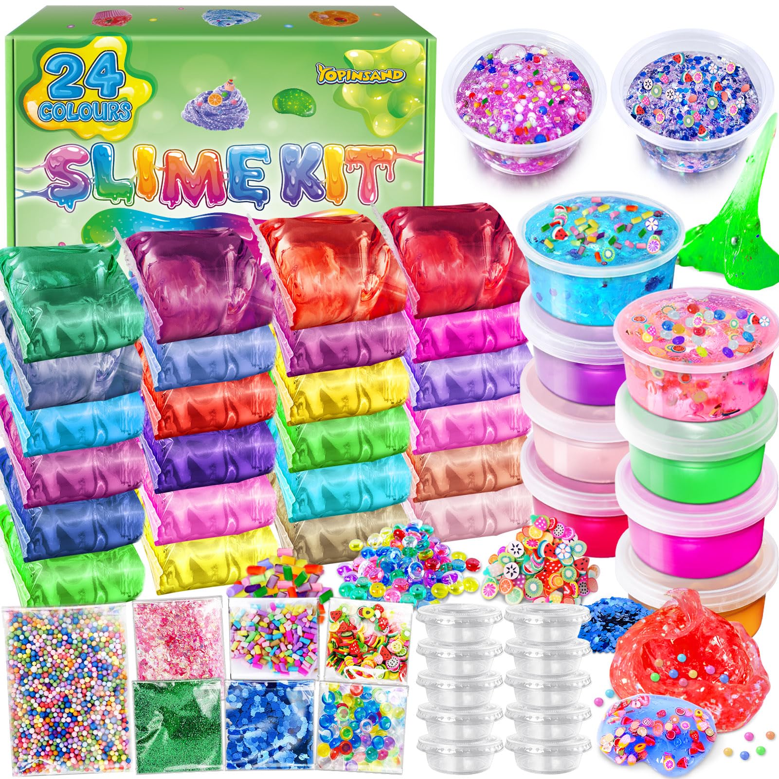 24-pack DIY slime making kit with premade clear slime, foam balls, glitter, and add-ins for kids ages 3-12 by YOPINSAND.
