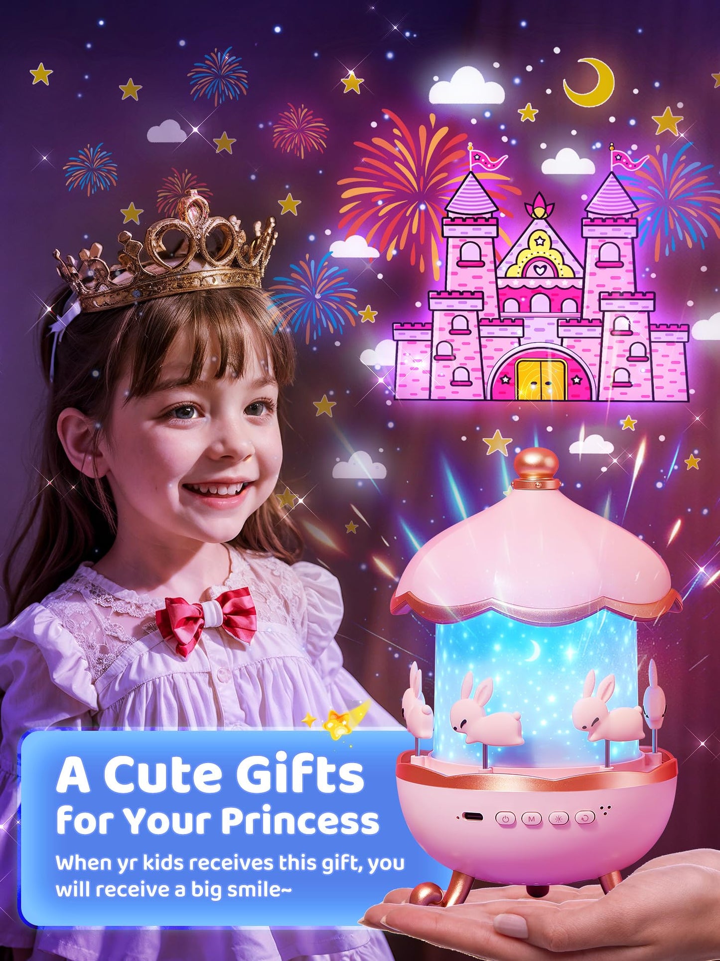 【Gift box】Sensory Toys for Babies Baby Girl Gift,15 Films+10 White Noise Baby Night Light Kids Night Light Projector,1200mAh+Remote Princess Christening Gifts for Girls Toys for 3 Year old Girls