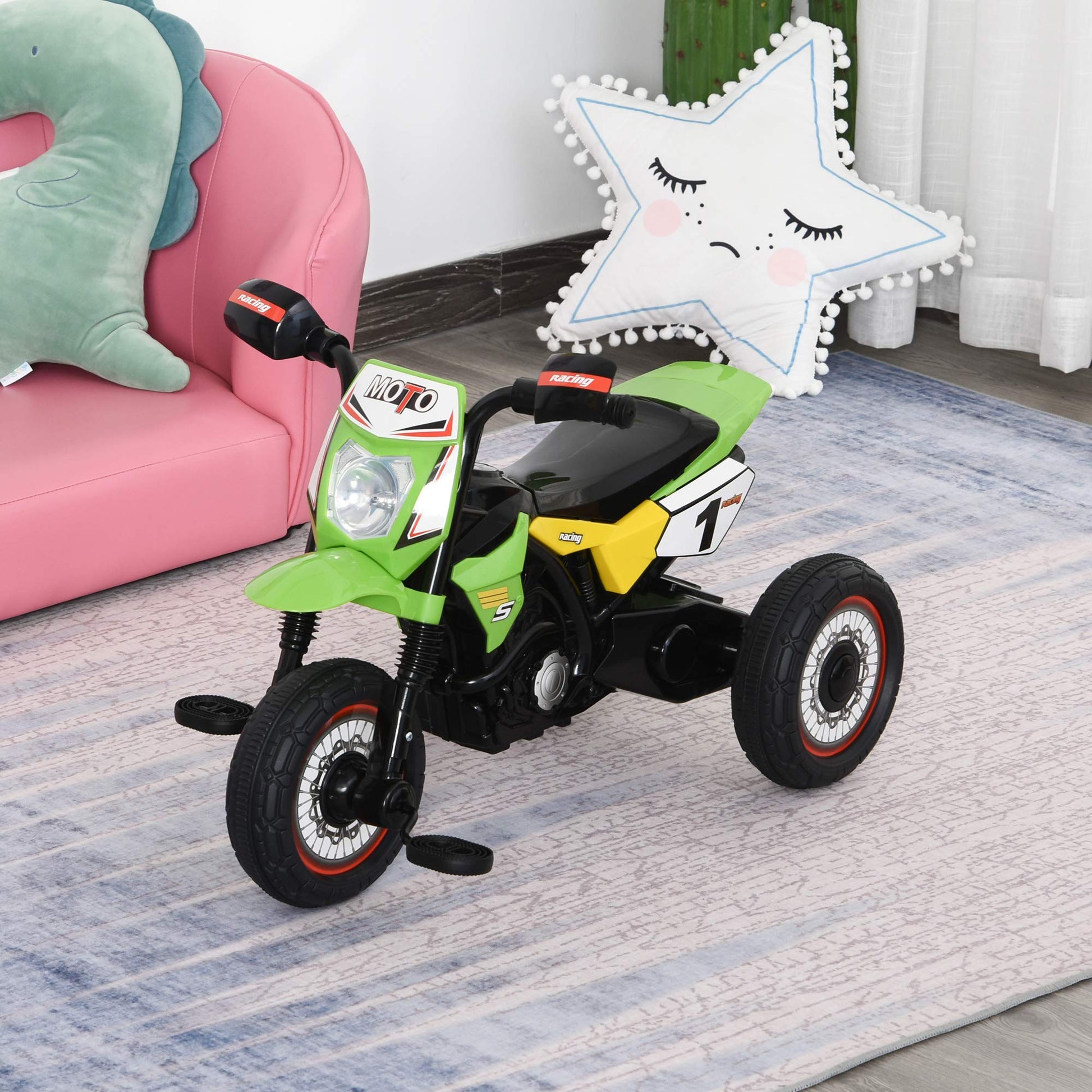 HOMCOM green toddler tricycle with music lights, stickers, and handlebar for kids 18-36 months, ideal for exercise and play.