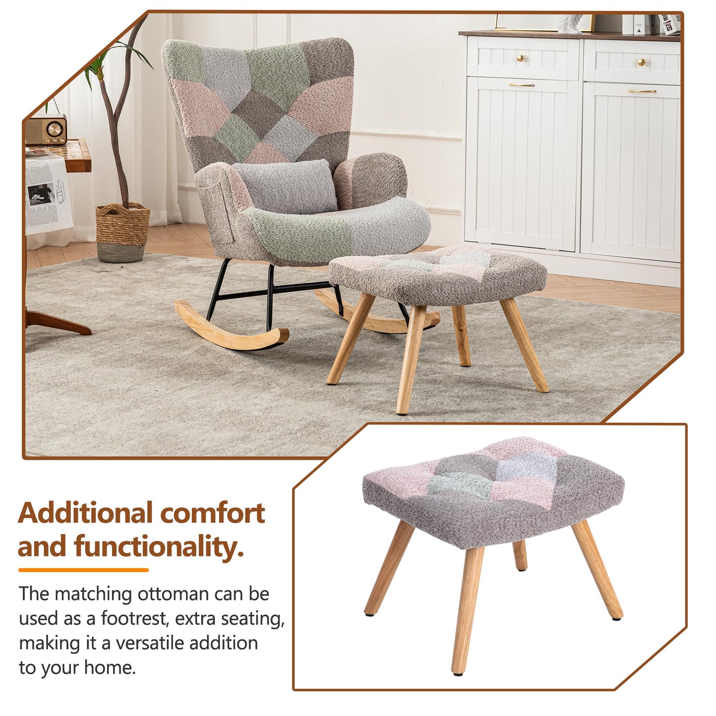 BTM rocking nursery chair with footstool, pillow, and side pocket, versatile single recliner in multicolor for living room or bedroom.