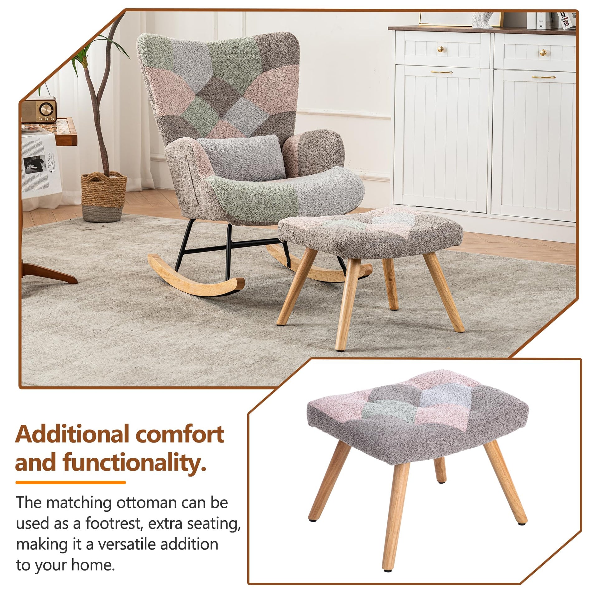 BTM rocking nursery chair with footstool, pillow, and side pocket, versatile single recliner in multicolor for living room or bedroom.