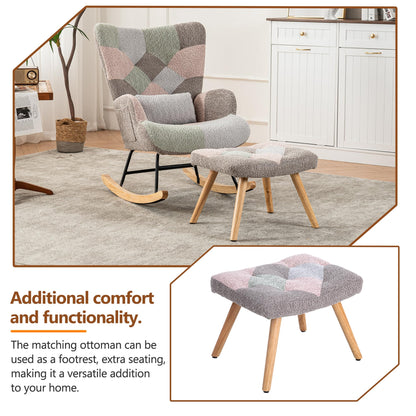BTM rocking nursery chair with footstool, pillow, and side pocket, versatile single recliner in multicolor for living room or bedroom.