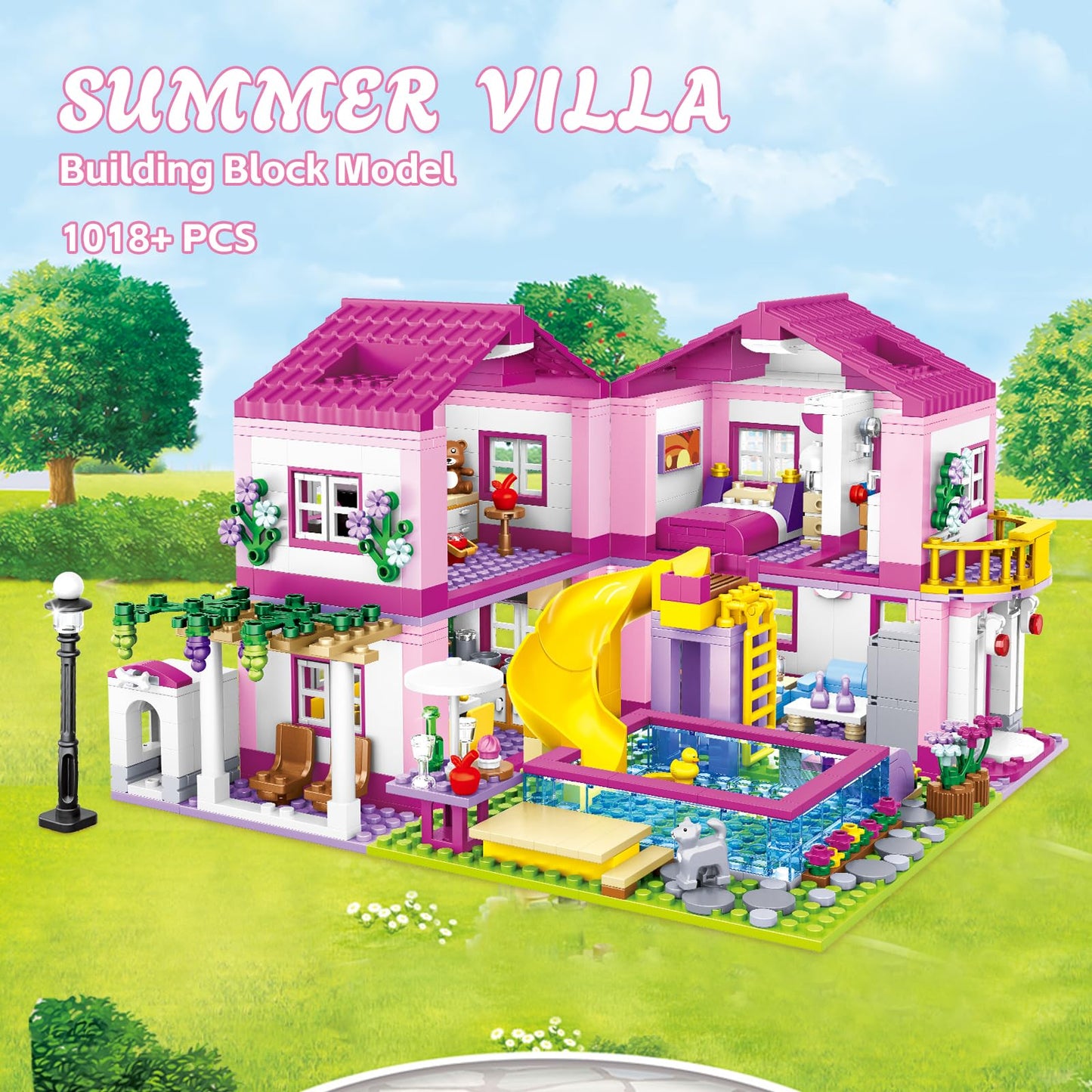 CSNRHG Pink Summer Pool Villa Building Block Set Friends Construction Educational Toy 1018 Pieces Gifts for Girls Teens Kids Adults Ages 6+