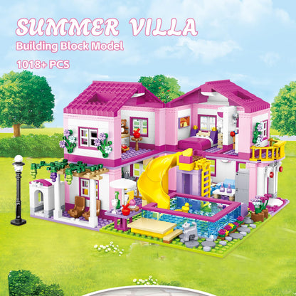 CSNRHG Pink Summer Pool Villa Building Block Set Friends Construction Educational Toy 1018 Pieces Gifts for Girls Teens Kids Adults Ages 6+