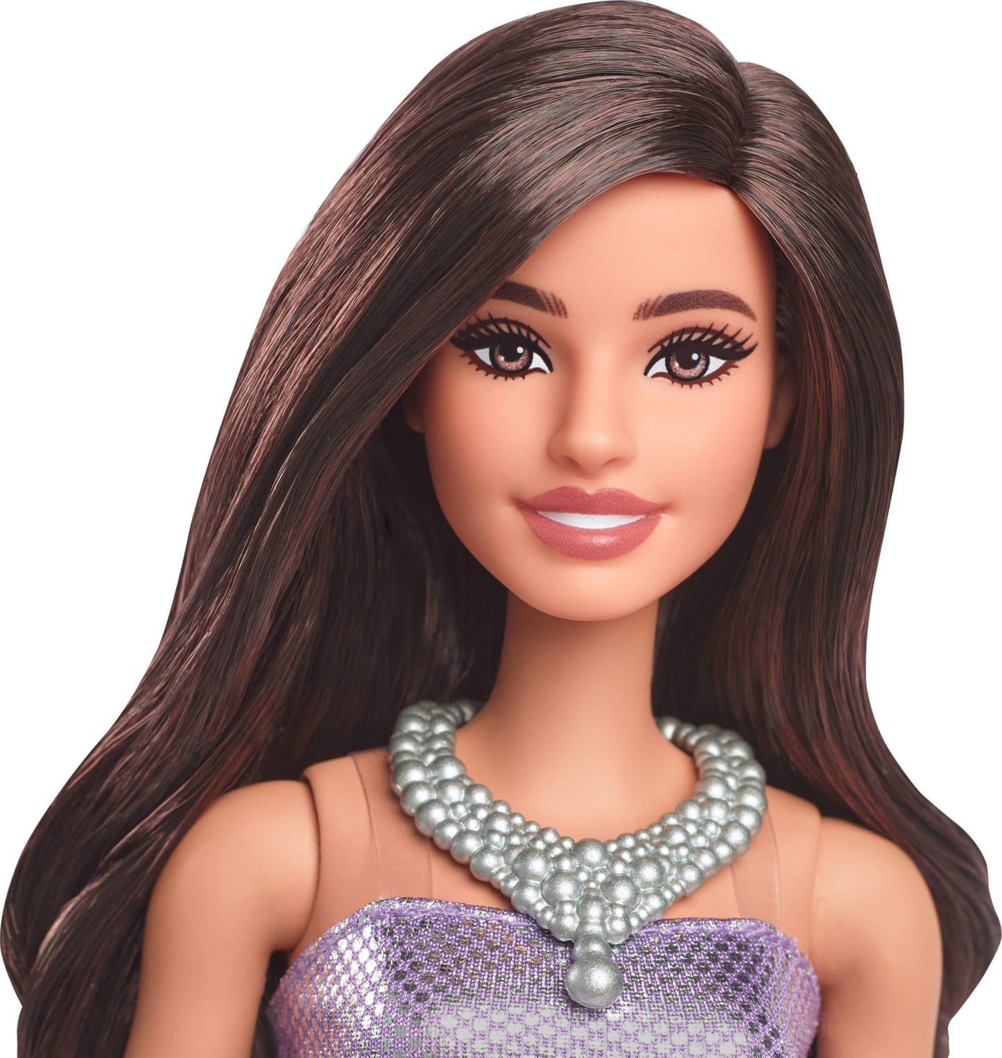 Barbie Fashionistas Doll #234 with brown hair in a purple sequined bubble dress and silvery necklace and heels.