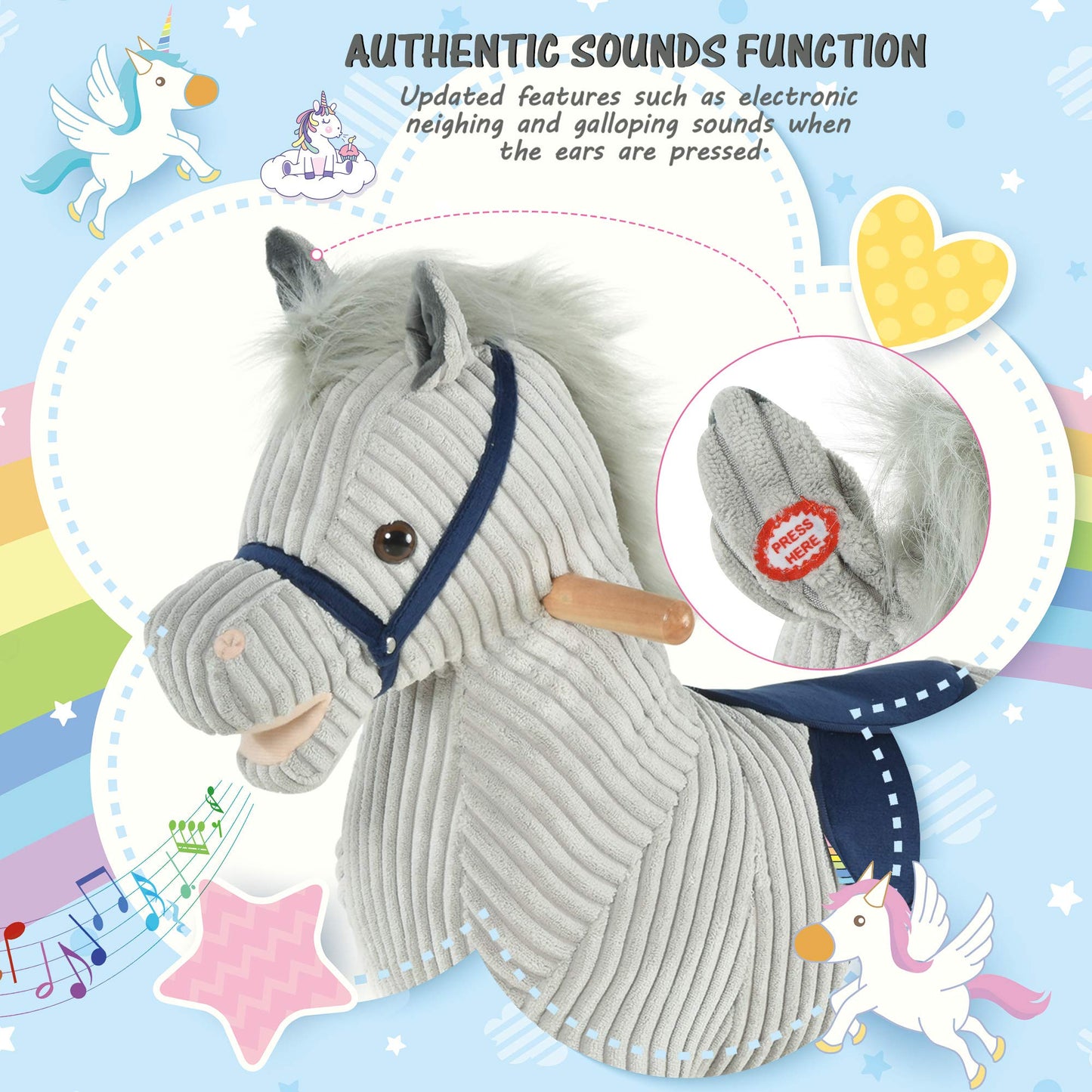 HOMCOM Kids Plush Rocking Horse w/Sound Children Rocker Ride On Toy Gift 3-6 Years Grey