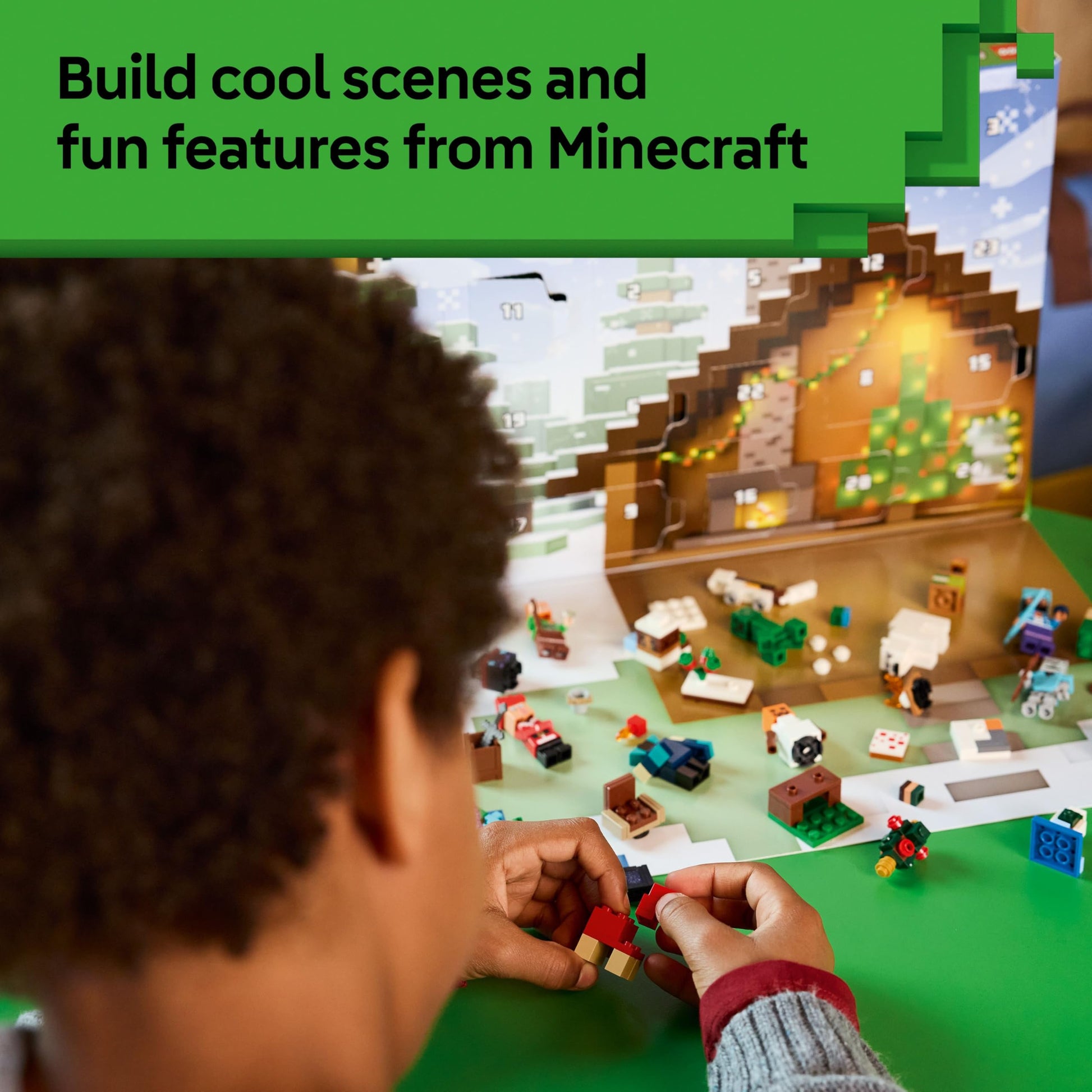 LEGO Minecraft Advent Calendar 2025 with 24 surprises, featuring minifigures and mini builds for kids aged 7 and up.