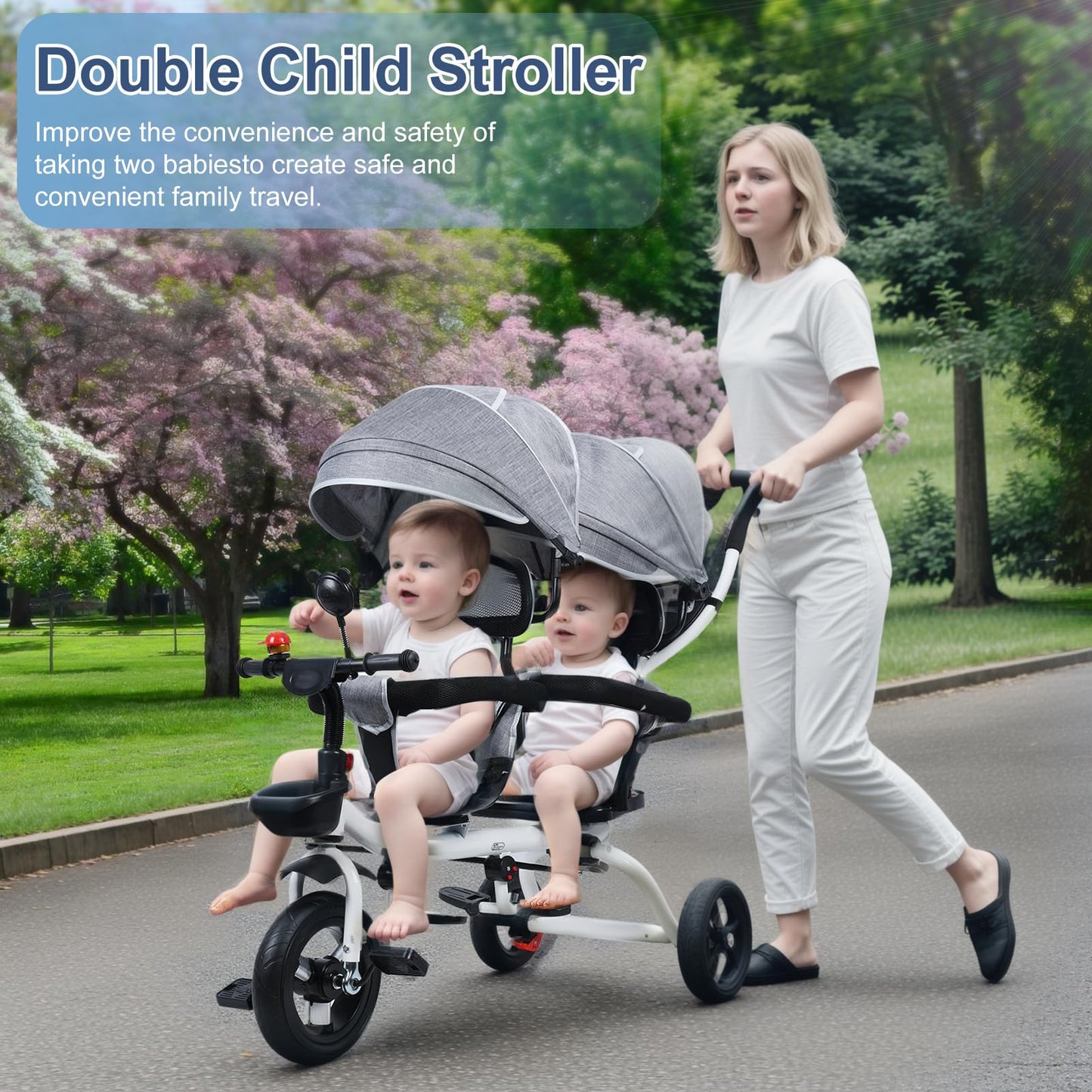 Bidbory Double Pram, Tandem Tricycle Double Buggy Double Pushchair Twin Stroller, with Double Seat and Canopy, Stroller for 2-8 Years Old Kid