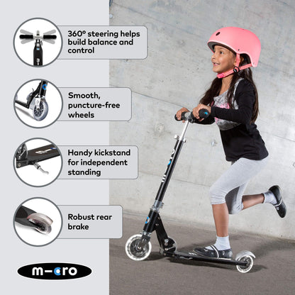 Micro Scooters | Micro Sprite Classic LED Children's Scooter | Handlebar Adjustable | Light Up Wheels | Foldable | Kickstand | 5 to Teen | Boys & Girls | Black