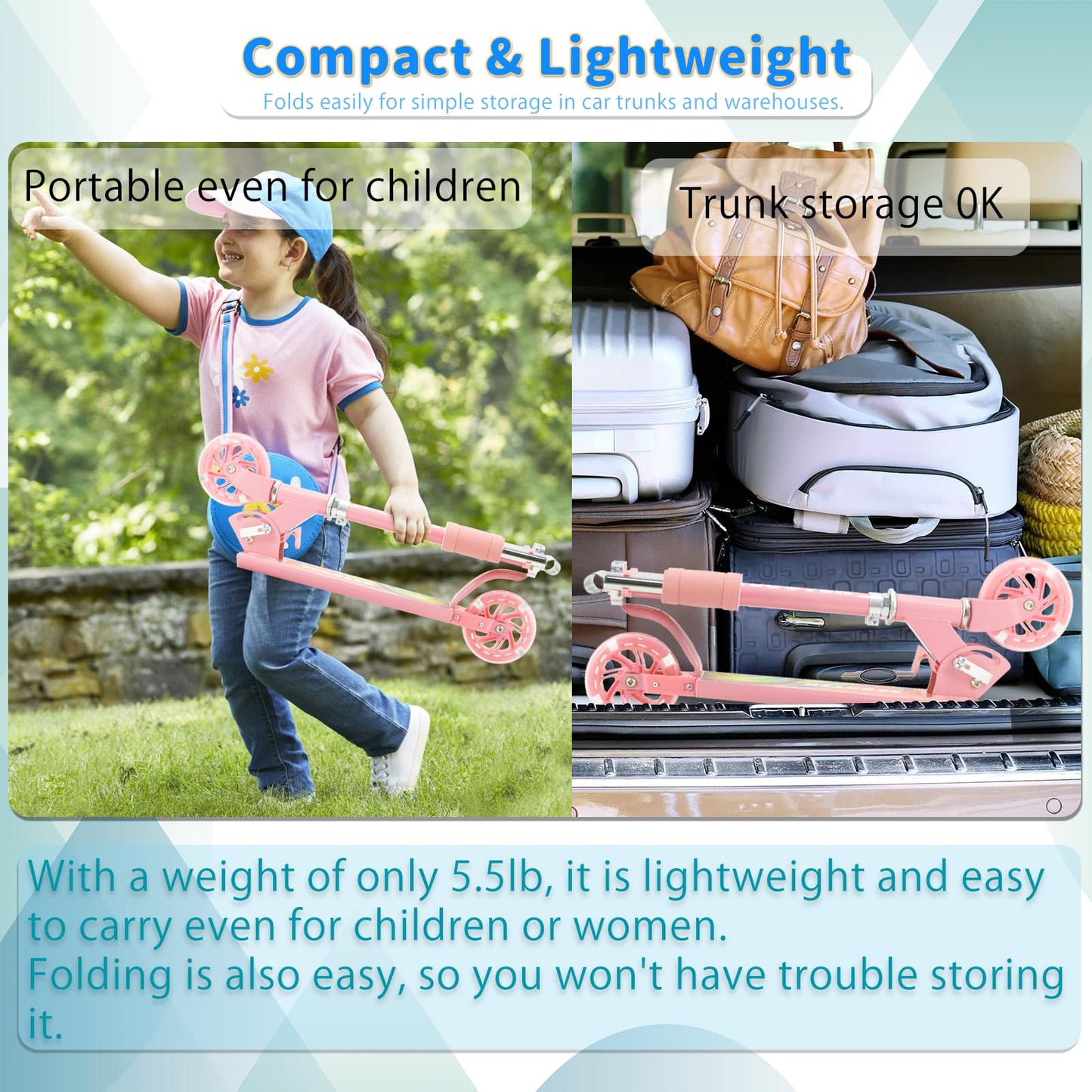 TENBOOM Scooter for Kids Ages 4-7, Boys & Girls - LED Light Up Wheels, 2-Wheel Kick Scooter with Adjustable Handlebar & Rear Brake, Candy Pink