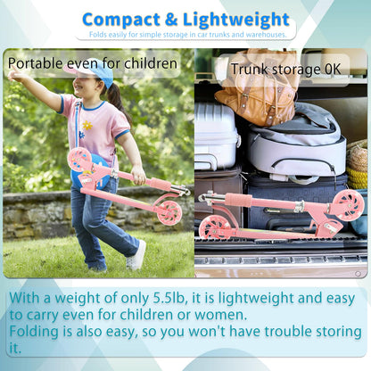 TENBOOM Scooter for Kids Ages 4-7, Boys & Girls - LED Light Up Wheels, 2-Wheel Kick Scooter with Adjustable Handlebar & Rear Brake, Candy Pink