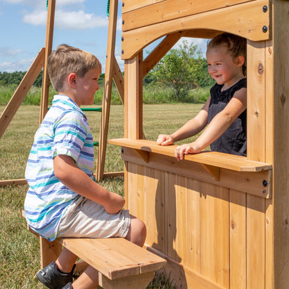 Backyard Discovery Montpelier 100% Cedar Wood Swing Set | Outdoor Playground for Kids | Garden Climbing Frame for Children | 1 Trapeze and 2 Belt Swings | 2.4m Wave Slide | Moneky Bars