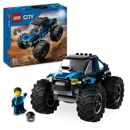 LEGO City blue monster truck toy with driver minifigure, ideal for kids aged 5 and up, set against a playful background.
