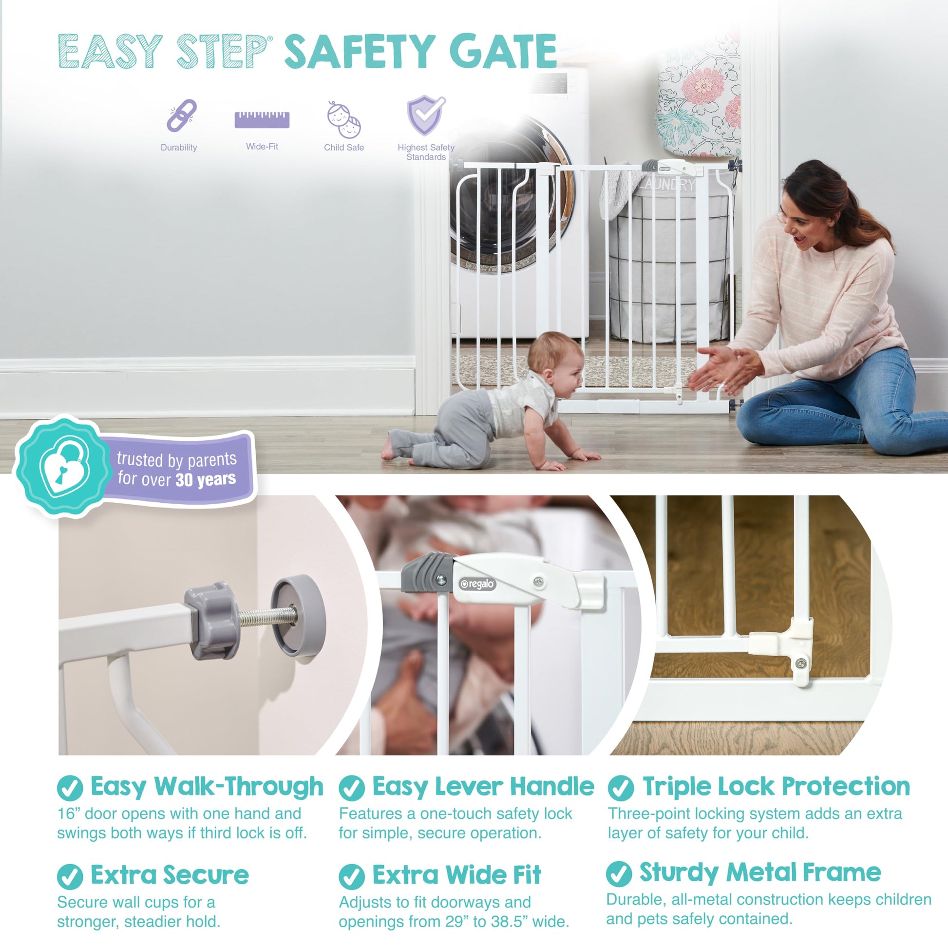 Regalo Easy Step Walk Thru Baby Safety Gate with extension kit, pressure-mounted gate in white with door latch and safety features.