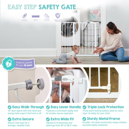 Regalo Easy Step Walk Thru Baby Safety Gate with extension kit, pressure-mounted gate in white with door latch and safety features.