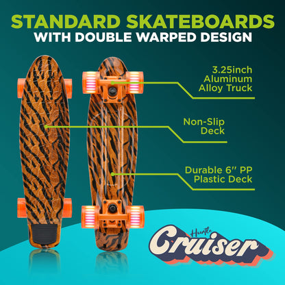 Hurtle Standard Skateboard Mini Cruiser - 6'' PP Deck Complete Double Kick Skate Board w/ 3.25" Aluminum Alloy Truck, PU Wheels w/LED Light - for Kids, Teens, Adults (Tiger), One Size, (HCSK10)