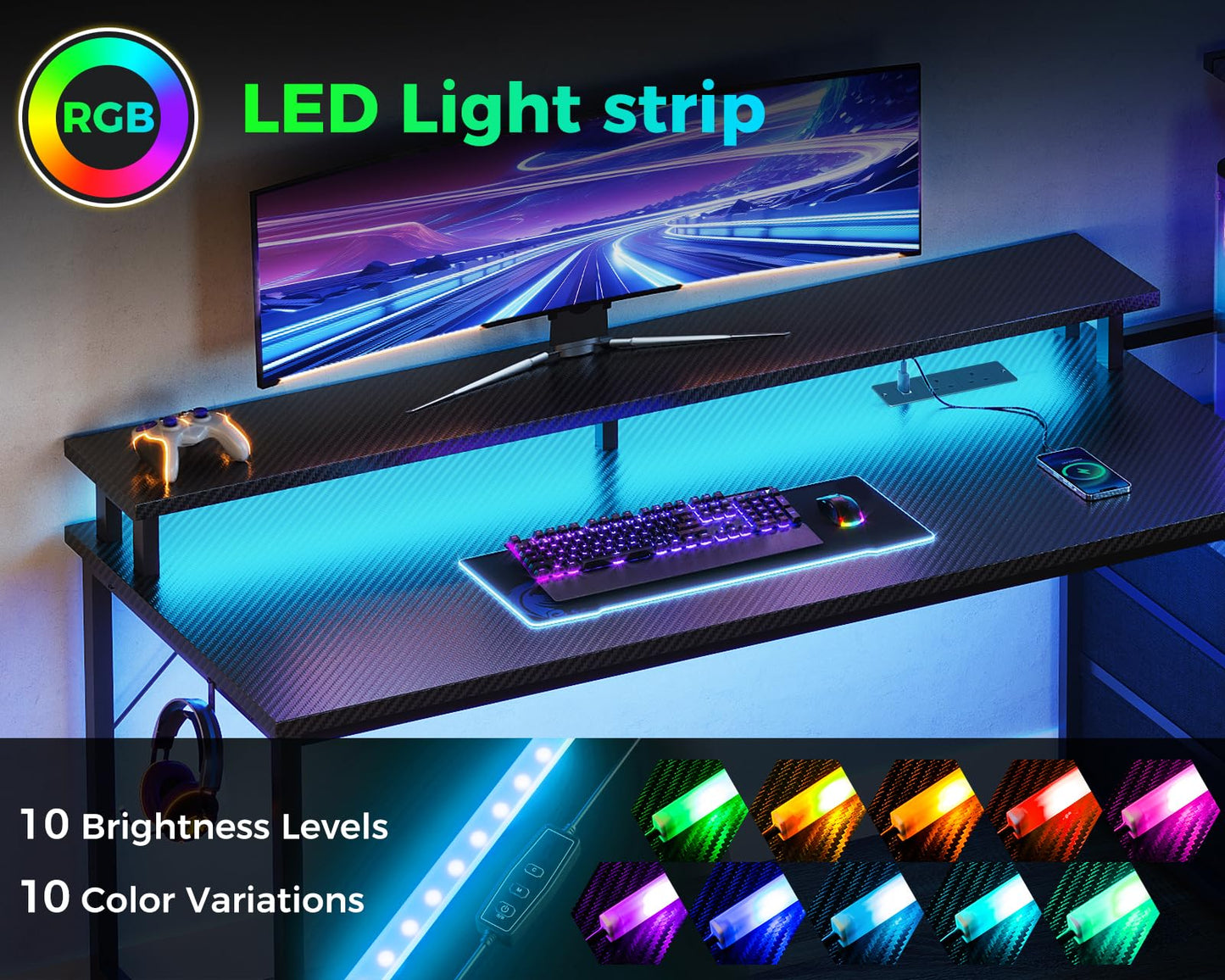 Coleshome gaming desk with LED lights, power outlet, storage drawers, monitor stand, in black carbon fiber finish.