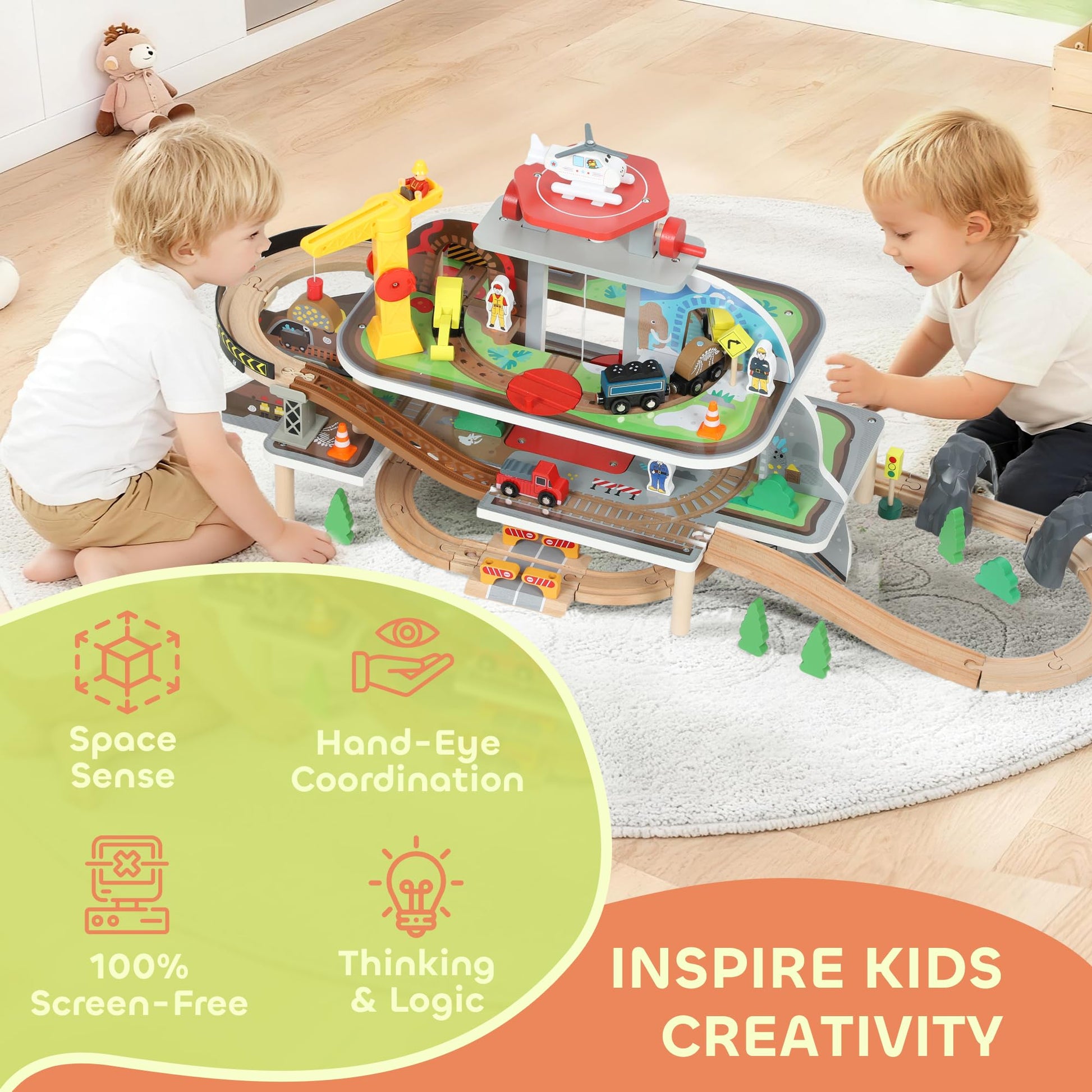AIYAPLAY wooden train set with 79 pieces, mine theme, magnetic railway toys including crane and helicopter for kids ages 3+