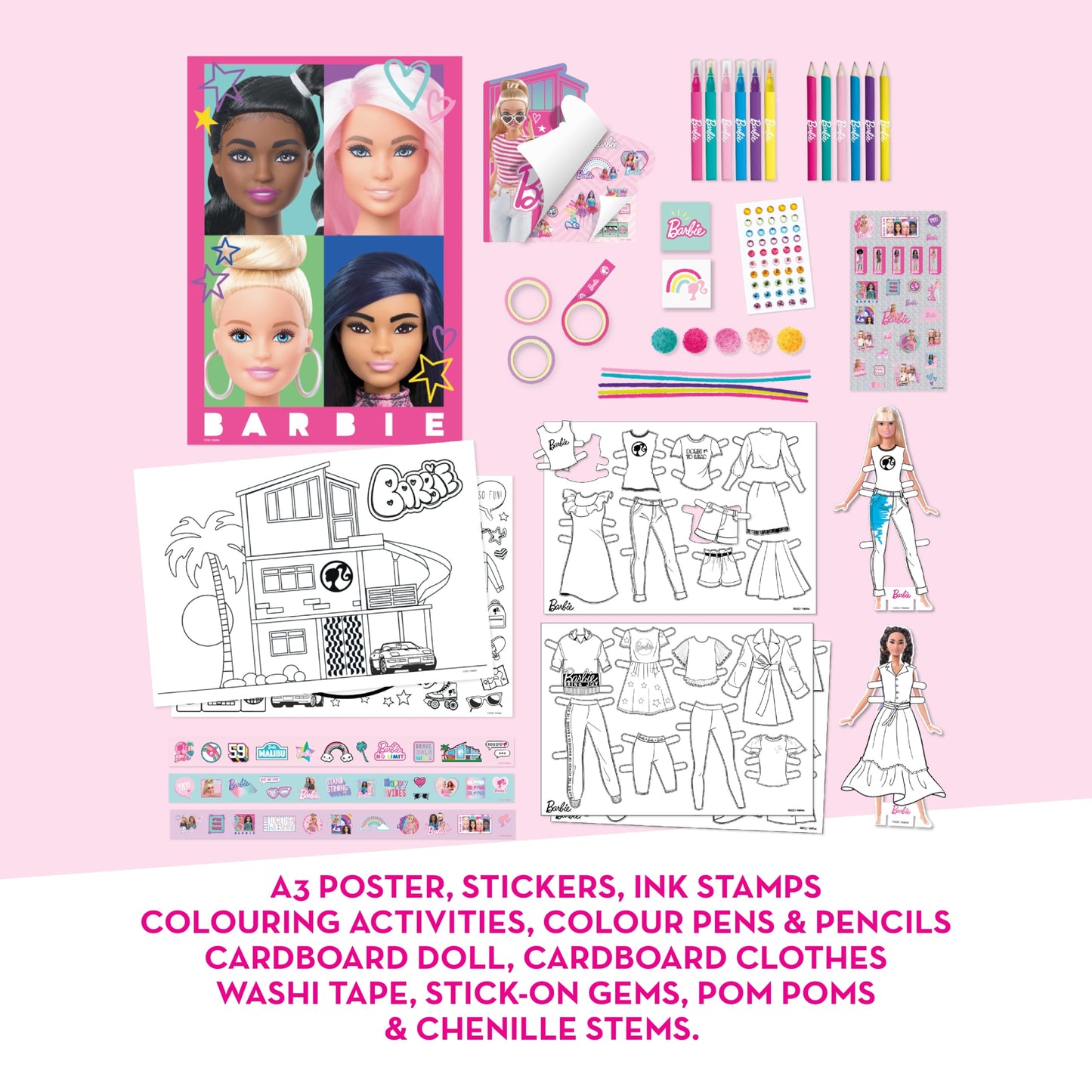 BLADEZ Barbie Bumper Activity Set with colorful pens, stickers, and a color-in camper van for creative arts and crafts.