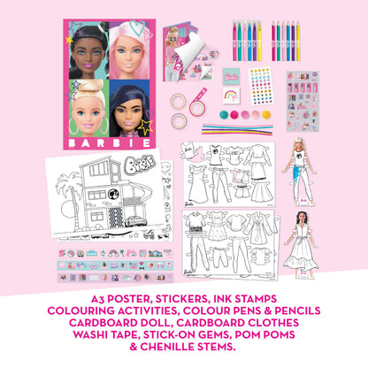 BLADEZ Barbie Bumper Activity Set with colorful pens, stickers, and a color-in camper van for creative arts and crafts.