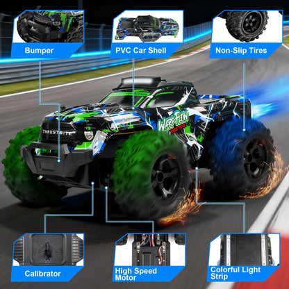 BAZADER RC truck with LED lights, 1:18 scale off-road remote control car, high speed, spray feature, suitable for kids and adults