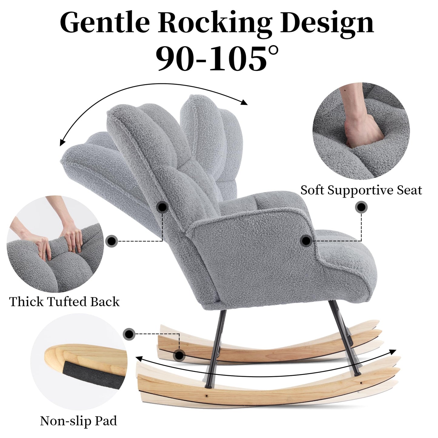 Aunekiv Rocking Chair for Nursery, Teddy Upholstered Glider Nursing Chair for Adults, Comfy Rocking Armchair Indoor for Living Room Bedroom, Darkgrey