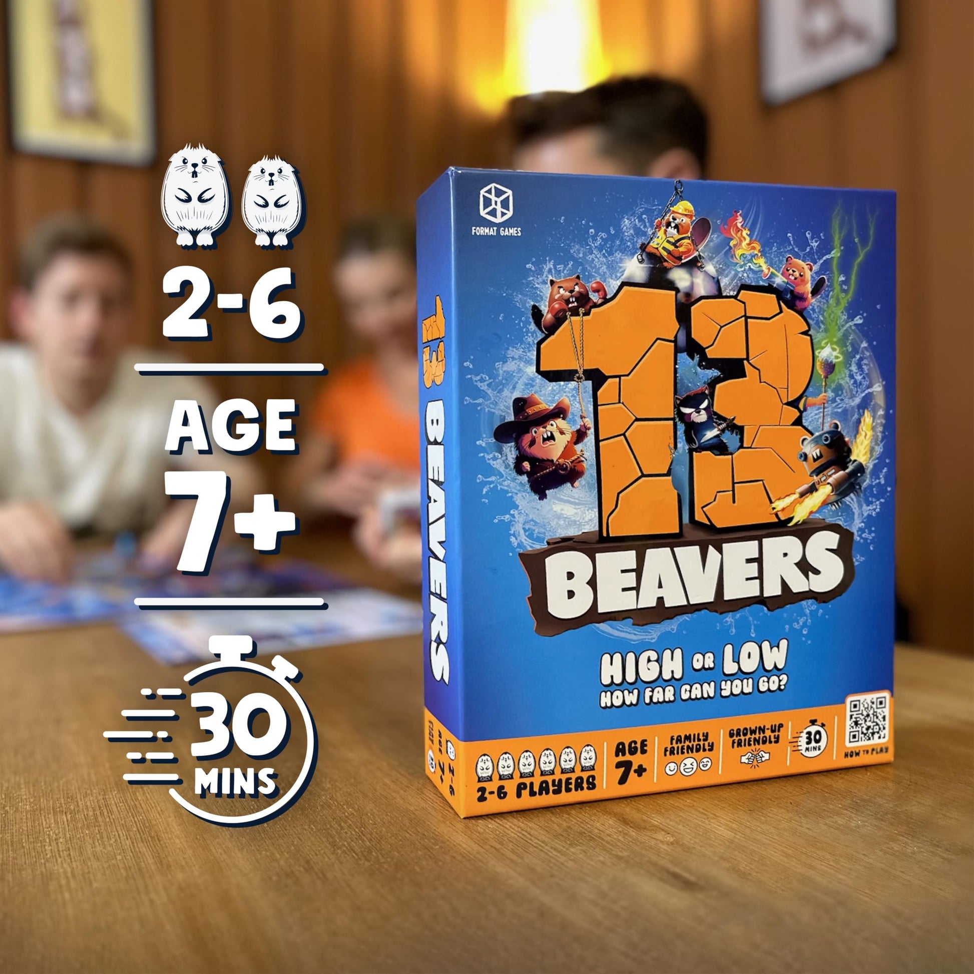 13 Beavers family board game by Format Games, featuring colorful beaver pieces for 2-6 players, ages 7+, with river adventure theme.