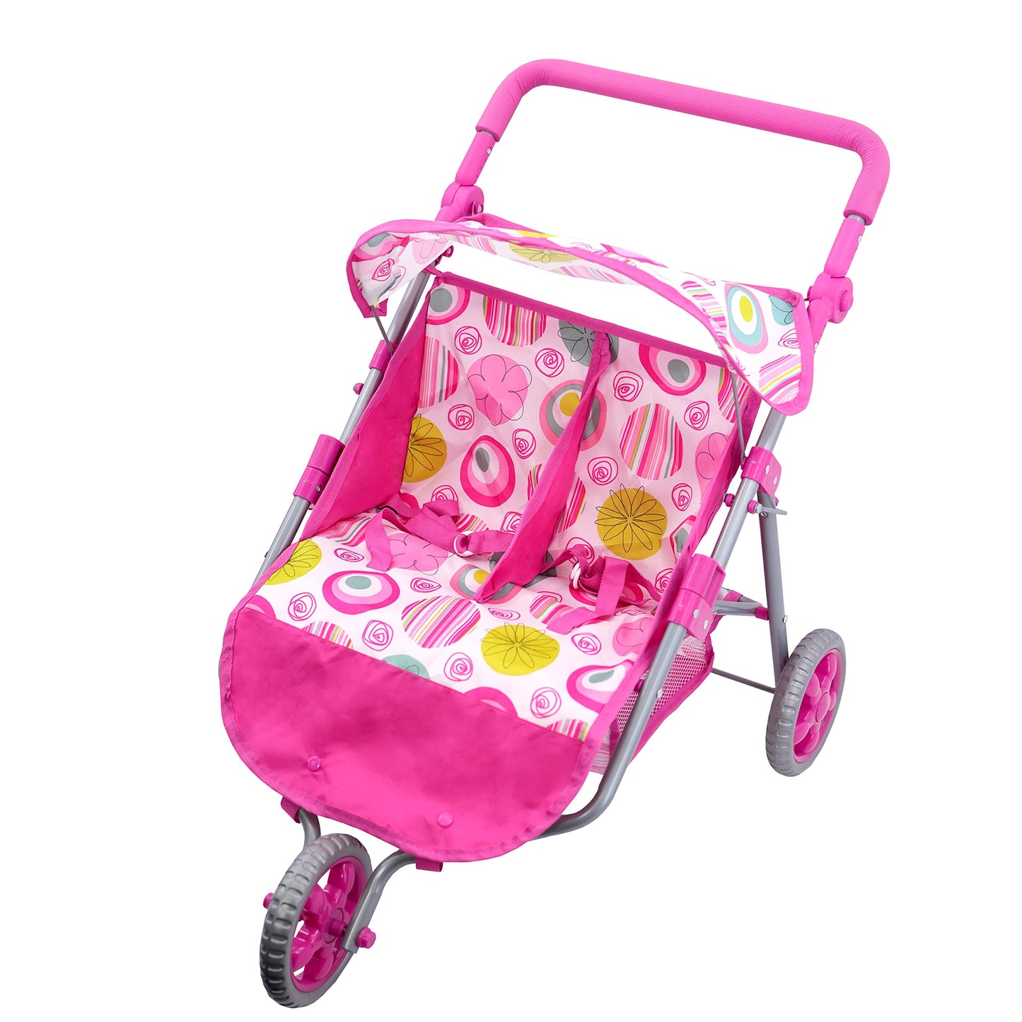 The Magic Toy Shop BiBi Doll Pink Twin Stroller, Ideal Twin Dolls Prams and Pushchairs - Adjustable Canopy and Handle, Under Storage Space, Collapsible - Dolls Double Buggy Toy Pram Double Dolls Pram
