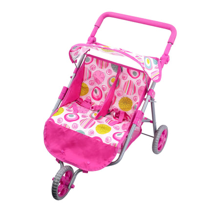 The Magic Toy Shop BiBi Doll Pink Twin Stroller, Ideal Twin Dolls Prams and Pushchairs - Adjustable Canopy and Handle, Under Storage Space, Collapsible - Dolls Double Buggy Toy Pram Double Dolls Pram