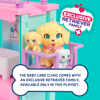 Little Live Pets Mama Surprise Families Baby Care Clinic Playset, Magically Reveal 3 Retriever Puppies, 2-Sided Playset (27.8cm/10.9in Wide, 23.8cm/9.3in High). Feed, Bathe, & Play, Fun Gift for Kids