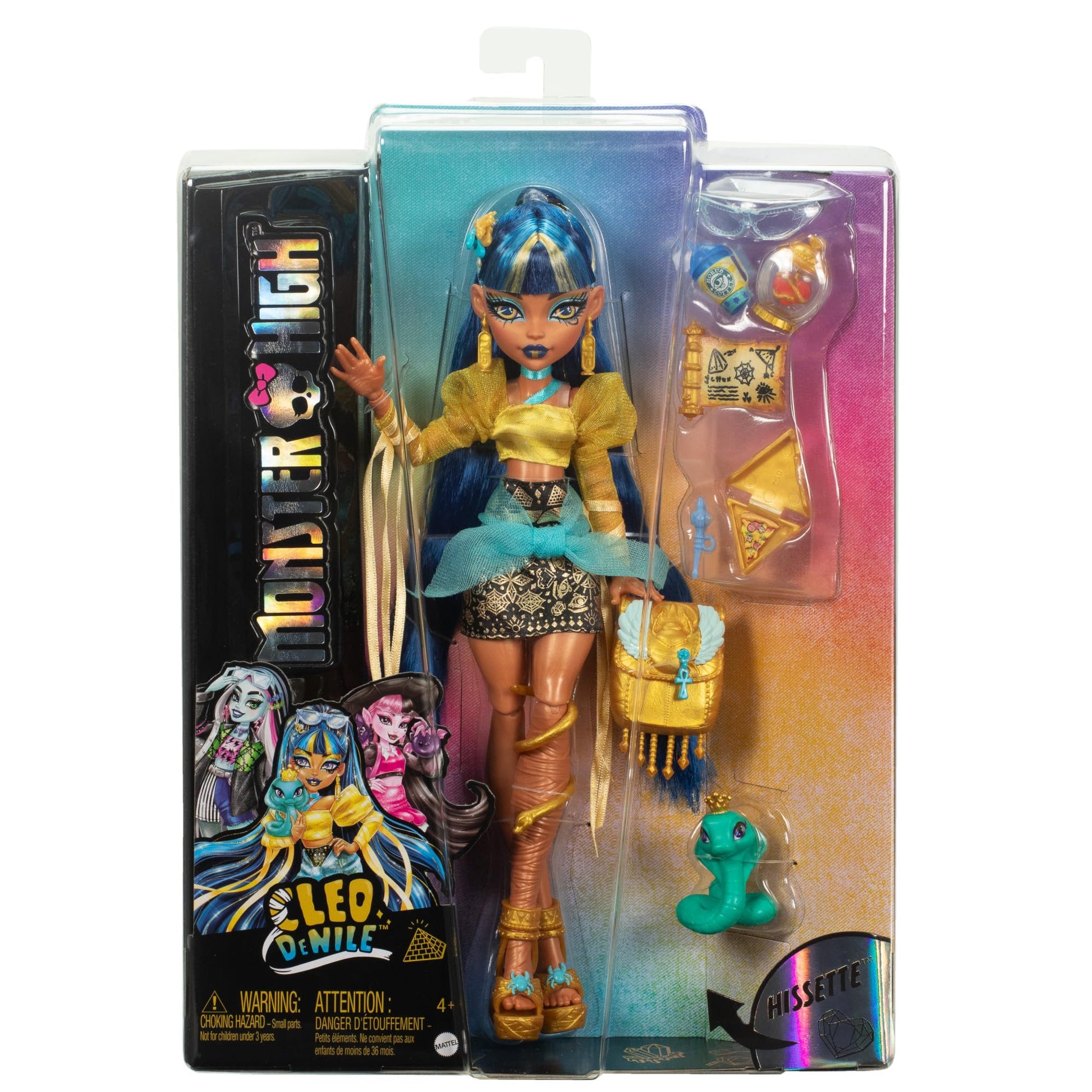 Cleo De Nile doll in golden blouse and layered skirt with pet cobra Hissette and accessories like backpack, snack, and scroll.
