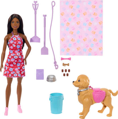Barbie Walk & Potty Pup Toy Set featuring Brooklyn doll with walking toy dog and pet accessories, including a pooper scooper.