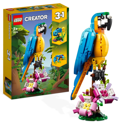LEGO Creator 3 in 1 building toy showcasing exotic parrot, frog, and fish animal figures for kids aged 7 and up.