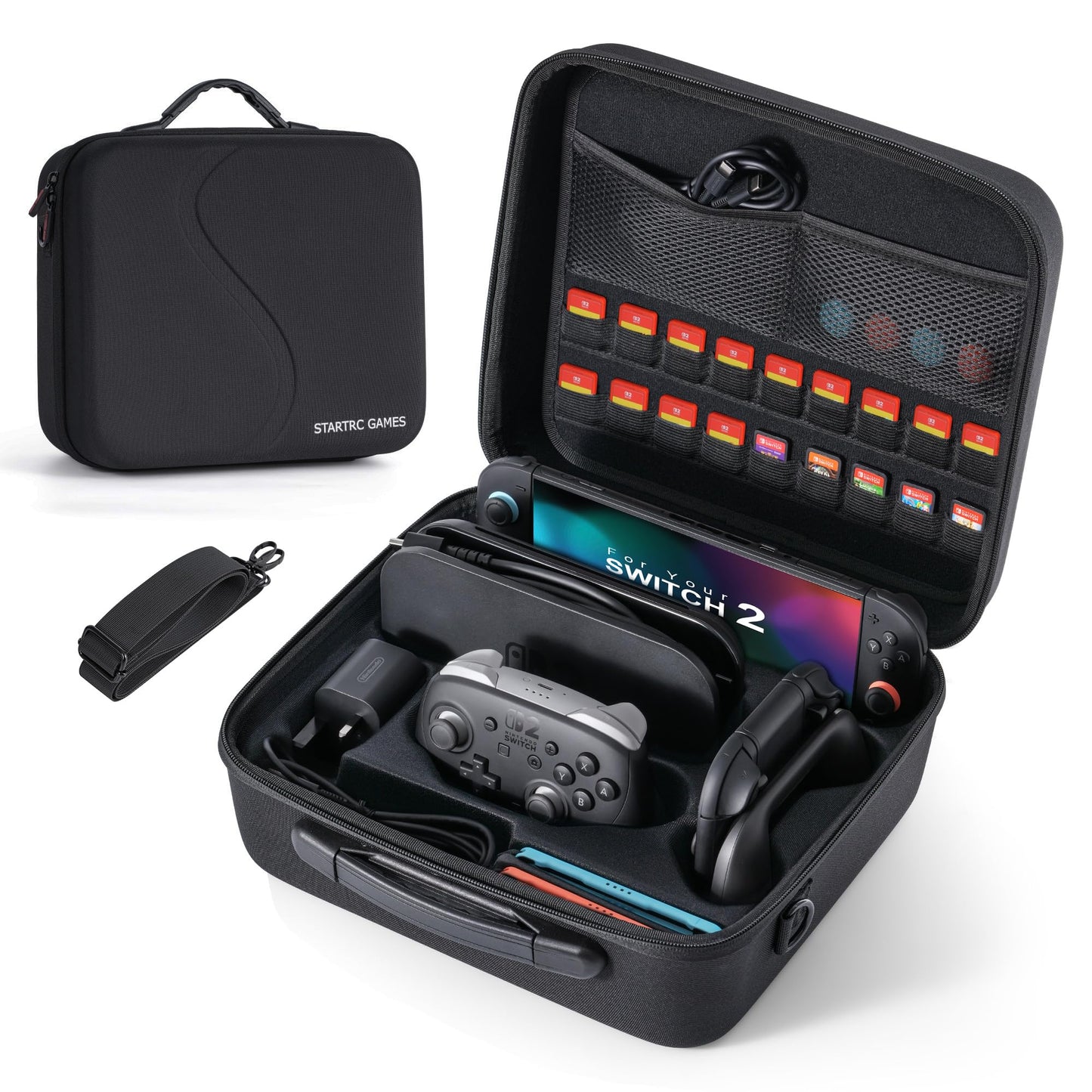 STARTRC GAMES hard carry case for Nintendo Switch 2 with large capacity, 18 game card slots, black travel storage for console and accessories