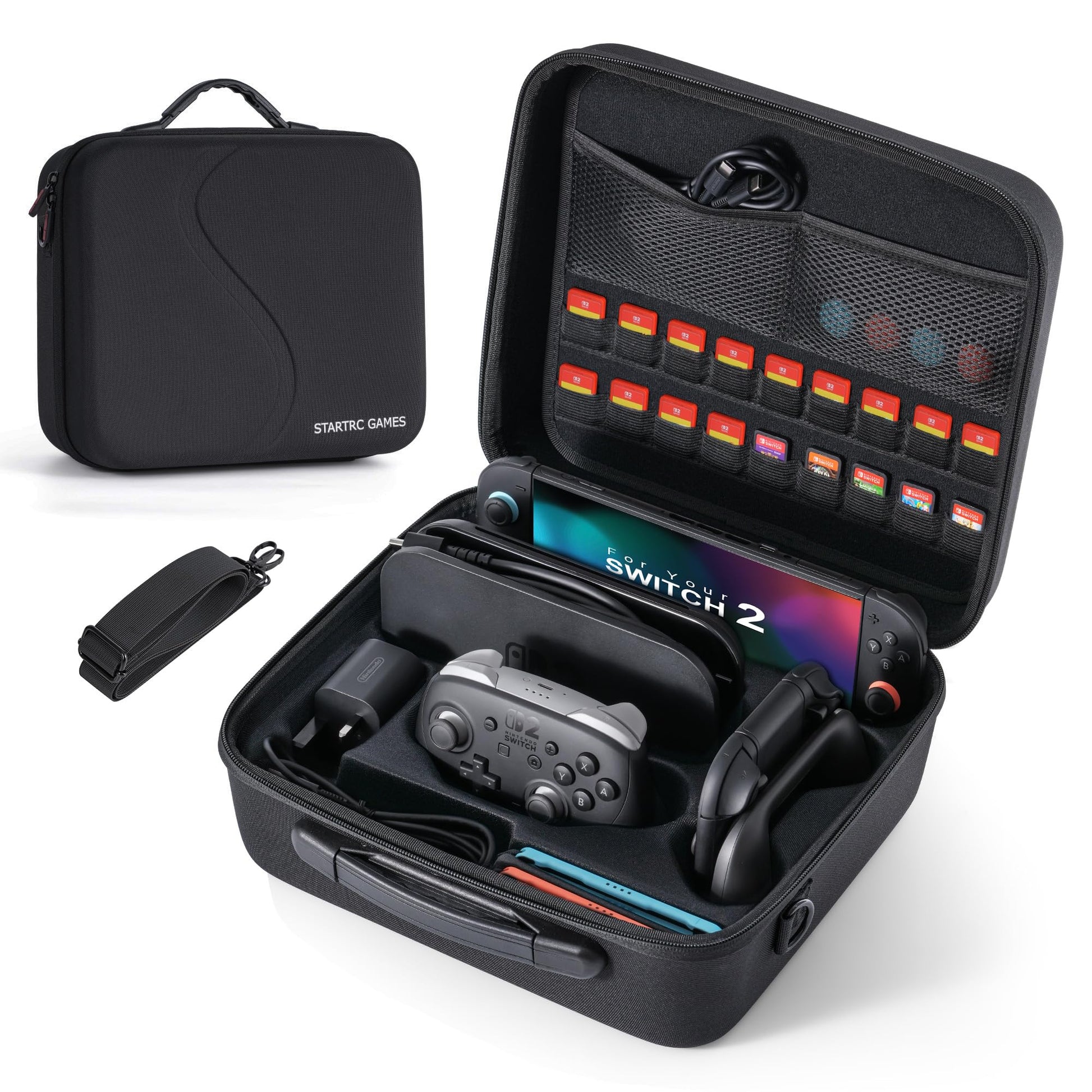 STARTRC GAMES hard carry case for Nintendo Switch 2 with large capacity, 18 game card slots, black travel storage for console and accessories