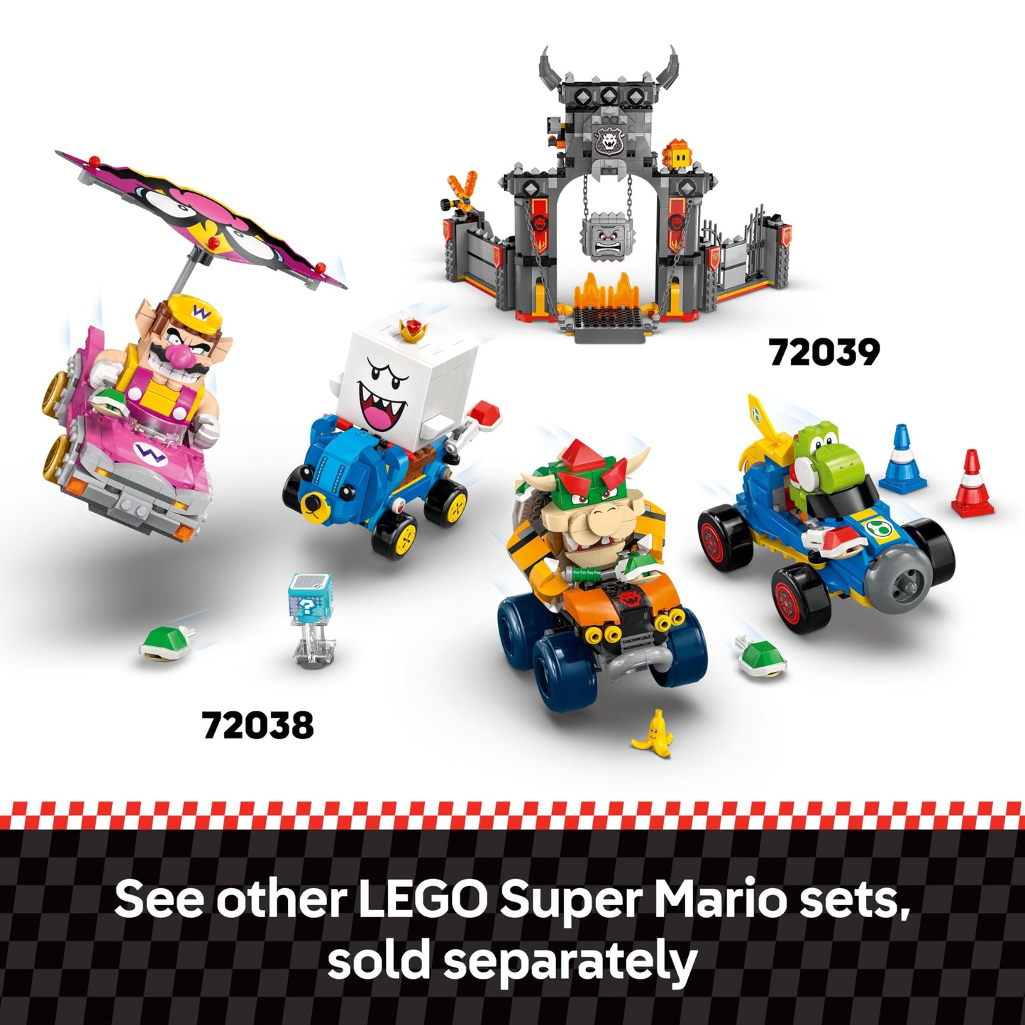 LEGO Mario Kart interactive toy set featuring Mario, standard kart, race course with barriers, podium, and three figures for kids.